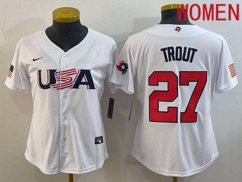 Women 2023 World Cub USA #27 Trout White Nike MLB Jersey7->women mlb jersey->Women Jersey